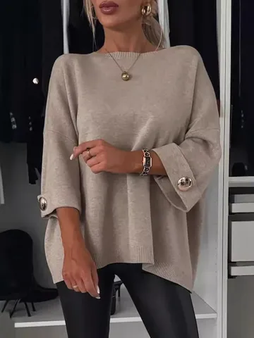 Maglione in Misto Cotone Lavorato a Maglia Casual da Donna Scollo a U Manica Media Tinta Unita Top Largo Pullover Moda Quotidiana