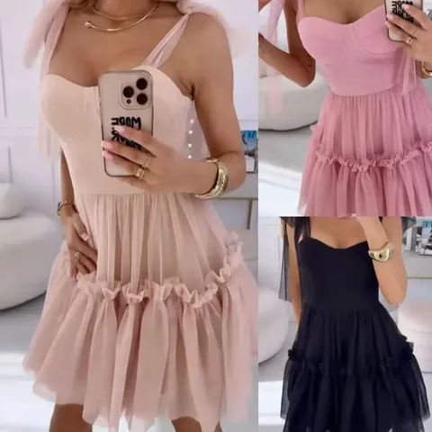 Vestido Mini de Malla de Hada para Mujer Dulce Elegante Sin Mangas Tirantes de Espagueti Vestido de Fiesta Color Sólido Vestido Casual de Verano