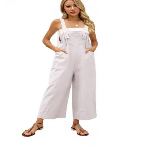 Tuta Larga Casual in Cotone e Lino da Donna con Bretelle Regolabili Pantaloni a Gamba Larga con Tasche Tinta Unita Estivi