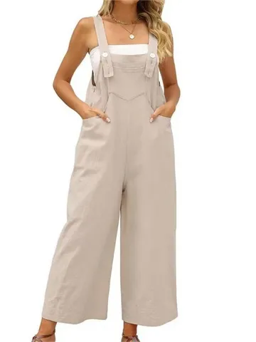 Tuta Larga Casual in Cotone e Lino da Donna con Bretelle Regolabili Pantaloni a Gamba Larga con Tasche Tinta Unita Estivi