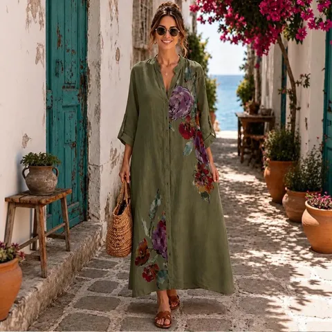 Γυναικείο Bohemian Ανθικό Τυπωτό Maxi Φόρεμα Γιακάς Πουκαμίσου Monopeto Cardigan Μακρύ Φόρεμα Vintage Διακοπές Παραλία