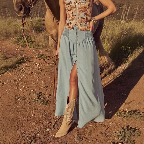 Women's Casual Denim Maxi Skirt Vintage Washed High Waist A-Line Single Breasted Split Long Skirt Streetwear