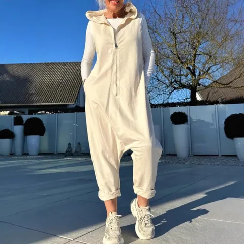 Women's Casual Loose Sleeveless Hooded Zipper Harem Jumpsuit Summer Solid Color Pocket One-Piece Outfit