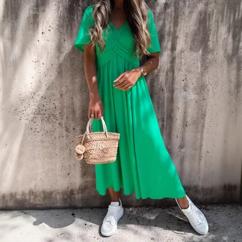 Women's Casual Solid Color Short Sleeve V-Neck Maxi Dress Elegant High Waist A-Line Long Dress Female Clothing