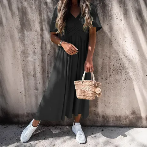 Women's Casual Solid Color Short Sleeve V-Neck Maxi Dress Elegant High Waist A-Line Long Dress Female Clothing