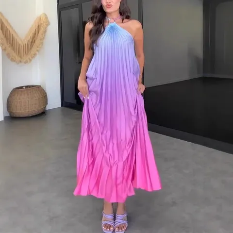 Women Sexy Halter Neck Sleeveless Maxi Dress Rainbow Gradient Pleated Long Dress Casual Summer Vacation Female Apparel