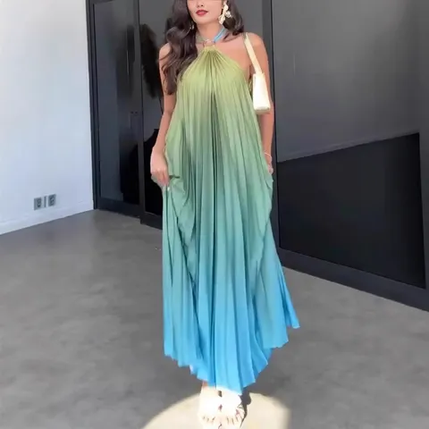 Women Sexy Halter Neck Sleeveless Maxi Dress Rainbow Gradient Pleated Long Dress Casual Summer Vacation Female Apparel