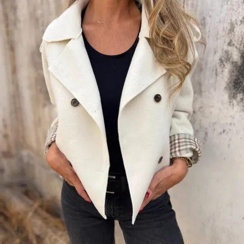 Women's Casual Woolen Coat Winter Lapel Double Breasted Short Outerwear With Plaid Cuff Detail Female Fashion Jacket