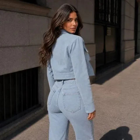 Damen Sommer High-End Kurzer Stehkragen Slim Fit Jeansjacke Lässige Langarm Reißverschluss Denim Oberbekleidung Top