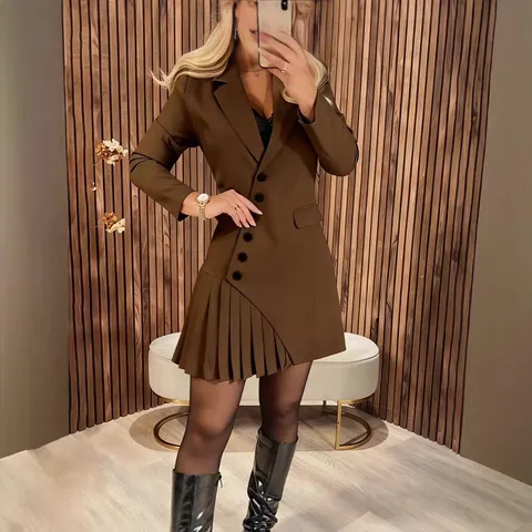 Abito da Abito Elegante a Manica Lunga da Donna Autunno Commutazione Asimmetrico Plissettato Midi Abito Professionale Abbigliamento da Ufficio