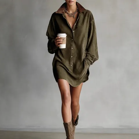 Women Retro Suede Velvet Faux Leather Splicing Mini Dress Fall Long Sleeve Turn Down Collar Single Breasted Casual Outfit