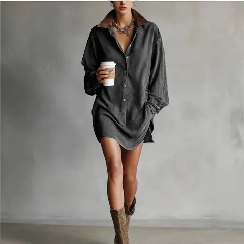 Women Retro Suede Velvet Faux Leather Splicing Mini Dress Fall Long Sleeve Turn Down Collar Single Breasted Casual Outfit
