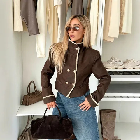 Damen Mode Kurze Jeansjacke Vintage Stehkragen Zweireihig Gestückelt Lässig Langarm Oberbekleidung