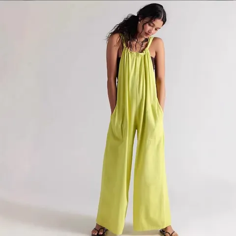 Women's Casual Loose Denim Jumpsuit Solid Color Sleeveless Wide Leg Long Overalls Pockets Summer Streetwear Fashion Rompers