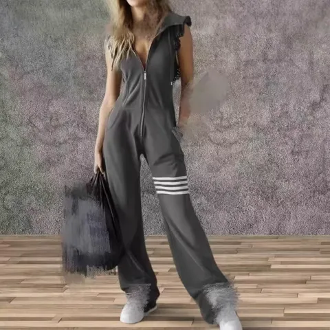 Women's Casual Athletic Retro Striped Lace Sleeveless Hooded Jumpsuit Summer Zip Up Wide Leg Long Pants Romper