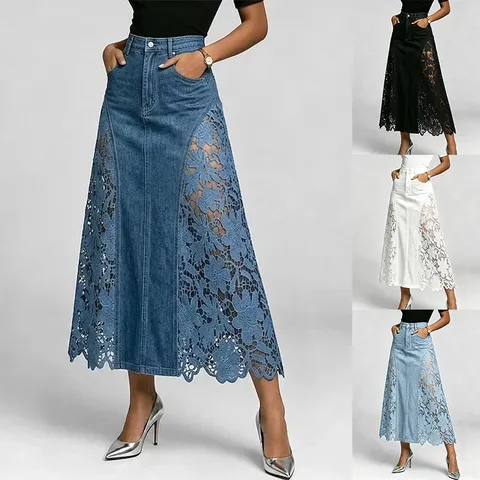 Women Denim Lace Patchwork Long Hip-Wrap Skirt Casual Commuter High Waist Slim Straight Skirt Elegant Lady Apparel
