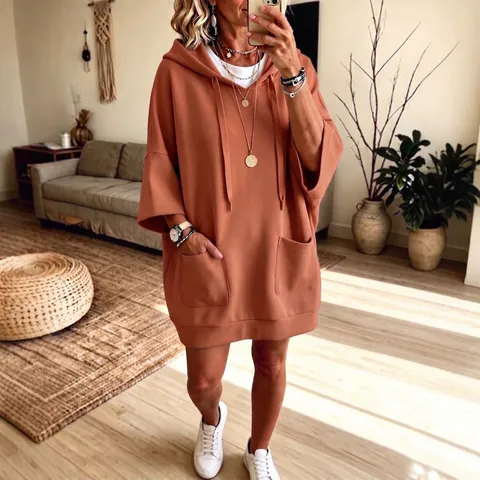 Γυναικείο Casual Monόχρωμο Hoodie Μεσαίου Μήκους Με Μανίκι Τρία Τέταρτα Τσέπη Φαρδύ Pullover Sudadera