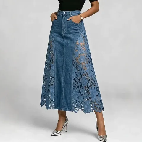 Women Denim Lace Patchwork Long Hip-Wrap Skirt Casual Commuter High Waist Slim Straight Skirt Elegant Lady Apparel