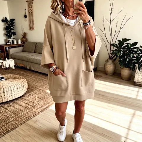 Γυναικείο Casual Monόχρωμο Hoodie Μεσαίου Μήκους Με Μανίκι Τρία Τέταρτα Τσέπη Φαρδύ Pullover Sudadera