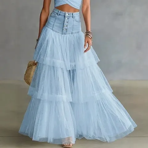 Women High Waist Denim Spliced Multi Layer Mesh Maxi Skirt Casual Elegant A-Line Long Skirt Female Bottoms