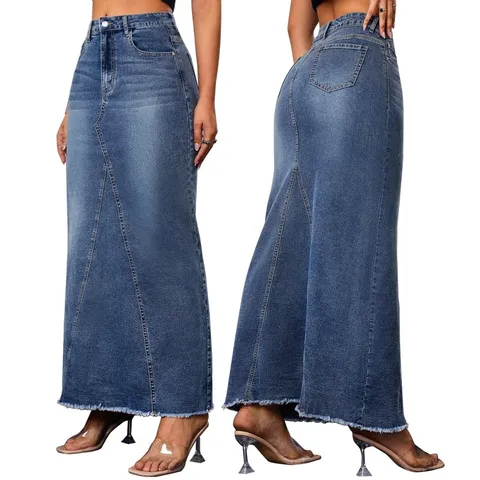 Women High Waist Denim Fishtail Midi Skirt Casual Raw Edge Slim Fit Long Skirt Blue Streetwear Fashion Apparel