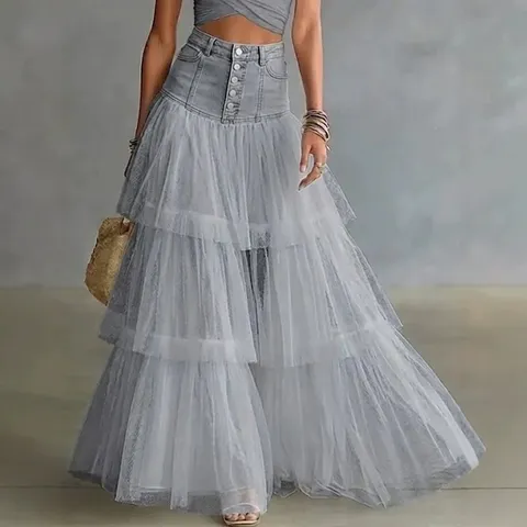 Women High Waist Denim Spliced Multi Layer Mesh Maxi Skirt Casual Elegant A-Line Long Skirt Female Bottoms