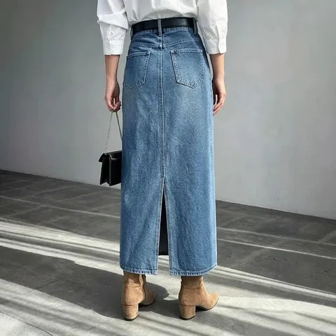 Women's Casual High Waist Denim Midi Skirt Patchwork Lace Trim A-Line Long Skirt Streetwear Fashion Bottoms