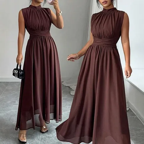 Abito Lungo Elegante Estivo Casual da Donna Collo Alto Senza Maniche Vestibilità Aderente Plissettato Tinta Unita