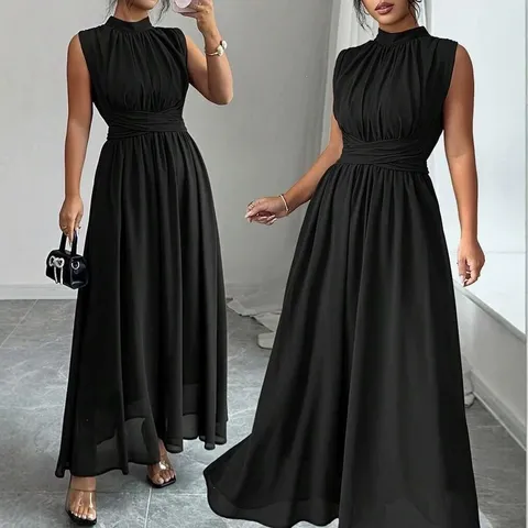 Abito Lungo Elegante Estivo Casual da Donna Collo Alto Senza Maniche Vestibilità Aderente Plissettato Tinta Unita