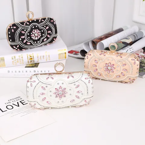 Women Rhinestone Beaded Evening Bag Vintage Satin Clutch Purse Wedding Banquet Handbag With Ring Clasp