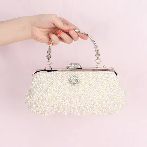 Women Artificial Pearl Evening Bag Handmade Beaded Handbag Rhinestone Clutches Wedding Party Shoulder Bag Metal Chain Purse