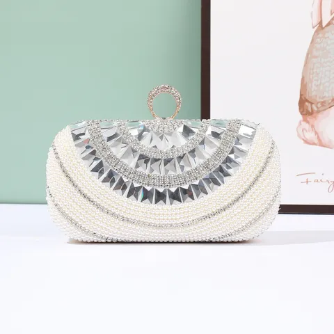 Women Rhinestone Pearl Evening Bag Elegant PU Leather Clutch Purse Wedding Party Chain Crossbody Small Square Bag