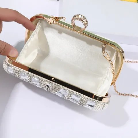 Women Rhinestone Pearl Evening Bag Elegant PU Leather Clutch Purse Wedding Party Chain Crossbody Small Square Bag