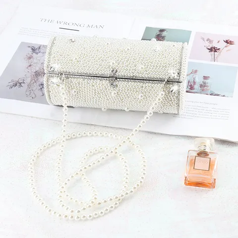 Handmade Artificial Pearl Cylindrical Evening Bag Elegant Women Beaded Crossbody Bucket Bag Wedding Party Handbag