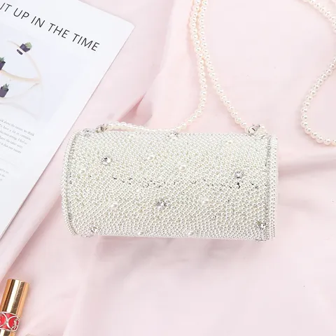 Handmade Artificial Pearl Cylindrical Evening Bag Elegant Women Beaded Crossbody Bucket Bag Wedding Party Handbag
