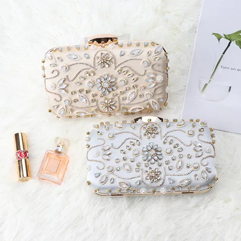 European Style Satin Rhinestone Evening Bag Handcrafted Beaded Women Banquet Clutch Purse Wedding Party Handbag
