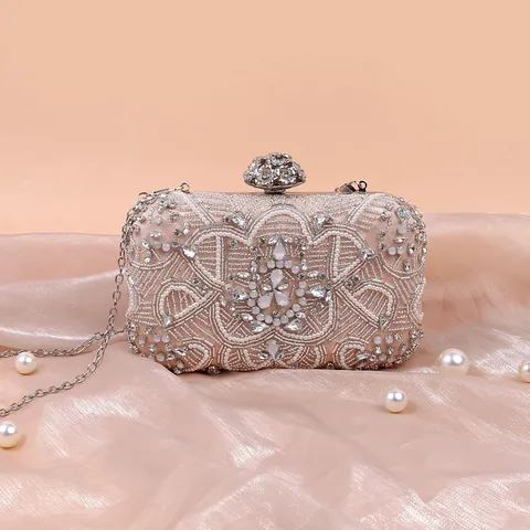 Women Rhinestone Evening Bag Beaded Clutch Luxury Floral Banquet Shoulder Bag Polyester Party Purse