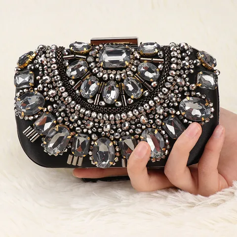 Women Fashion Luxury Evening Bag Rhinestone Beaded Clutch Bag Metallic Frame Lock Crossbody Shoulder Bag Party Prom Handbag