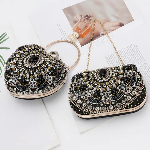 Women Retro Evening Bag Black Rhinestone Beaded Clutch Bag Luxury Crystal Wedding Party Handbag Square Heart Style