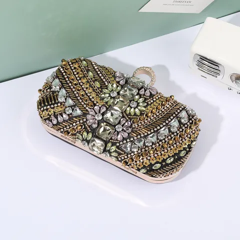 Women Rhinestone Evening Bag Beaded Sequins Clutch Bag Metal Ring Handle Chain Crossbody Bag Luxury Banquet Purse
