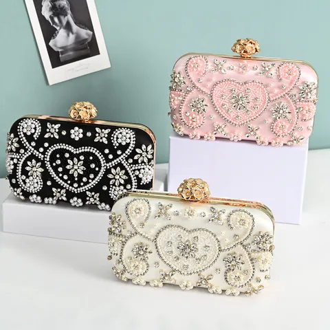 Vintage Satin Evening Bag Women Rhinestone Artificial Pearl Handbag Luxury Wedding Party Clutch Purse Chain Shoulder Bag