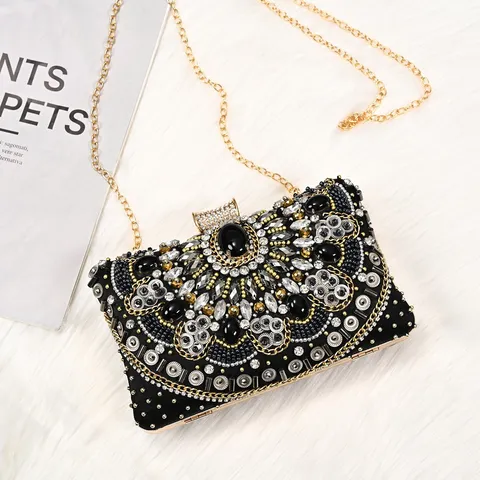 Luxury Beaded Evening Clutch Bag For Women Vintage Rhinestone Banquet Handbag Wedding Party Purse With Chain