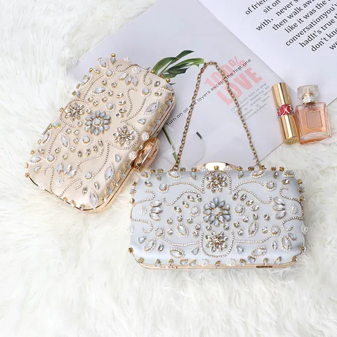 European Style Satin Rhinestone Evening Bag Handcrafted Beaded Women Banquet Clutch Purse Wedding Party Handbag