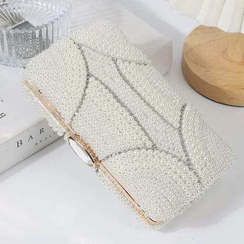 Women's Evening Bag Elegant Pearl Beaded Clutch Rhinestone Wedding Bridal Qipao Handbag Metallic Frame Purse