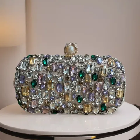 Damen Abendtasche Luxus Oval Clutch Handtasche Handgemachte Bunte Glas Strass Kristall Perlen Abschlussball Party Tasche