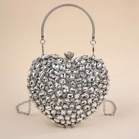 Luxury Heart Shaped Rhinestone Evening Bag Women Glamorous Crystal Clutch Purse Wedding Banquet Handbag Silver