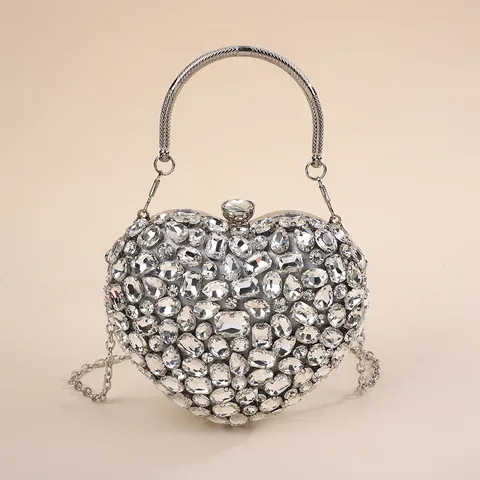 Luxury Heart Shaped Rhinestone Evening Bag Women Glamorous Crystal Clutch Purse Wedding Banquet Handbag Silver
