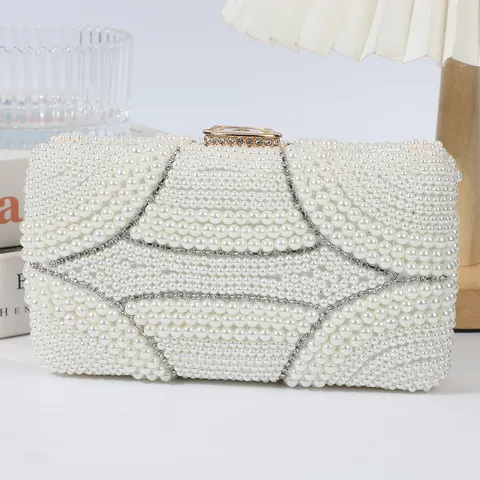 Women's Evening Bag Elegant Pearl Beaded Clutch Rhinestone Wedding Bridal Qipao Handbag Metallic Frame Purse