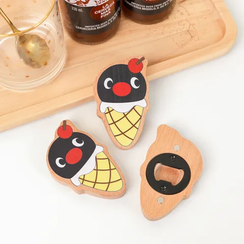 Cute Wooden Ice Cream Penguin Bottle Opener Magnetic Refrigerator Magnet Beer Opener Kitchen Gadget
