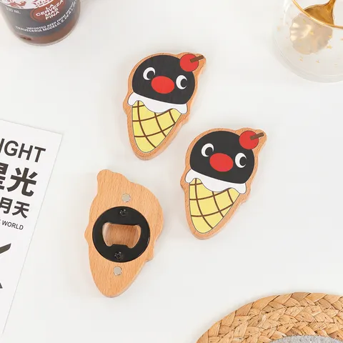 Cute Wooden Ice Cream Penguin Bottle Opener Magnetic Refrigerator Magnet Beer Opener Kitchen Gadget